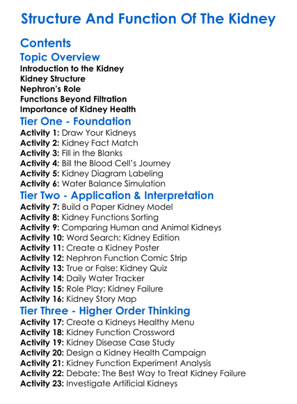 Structure And Function Of The Kidney Worksheet Activity Booklet