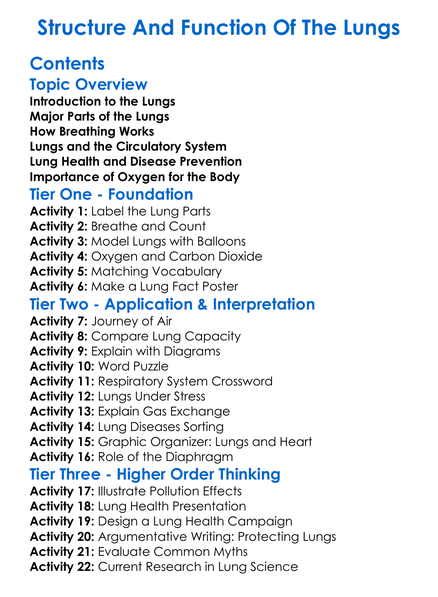 Structure And Function Of The Lungs Worksheet Activity Booklet