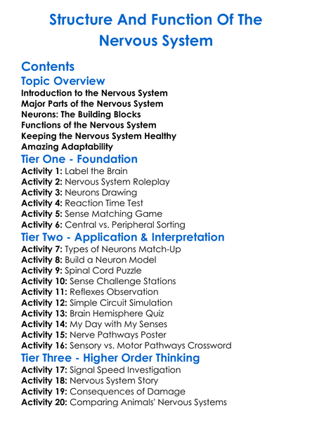 Structure And Function Of The Nervous System Worksheet Activity Booklet