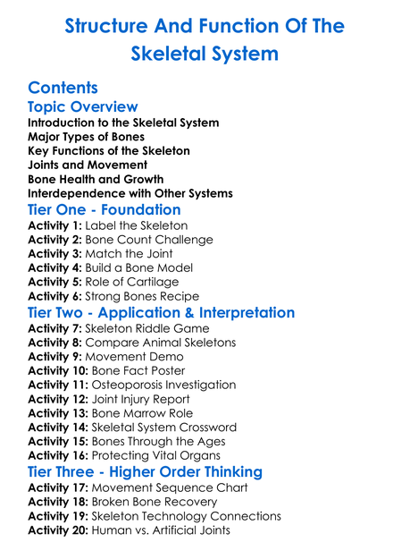Structure And Function Of The Skeletal System Worksheet Activity Booklet