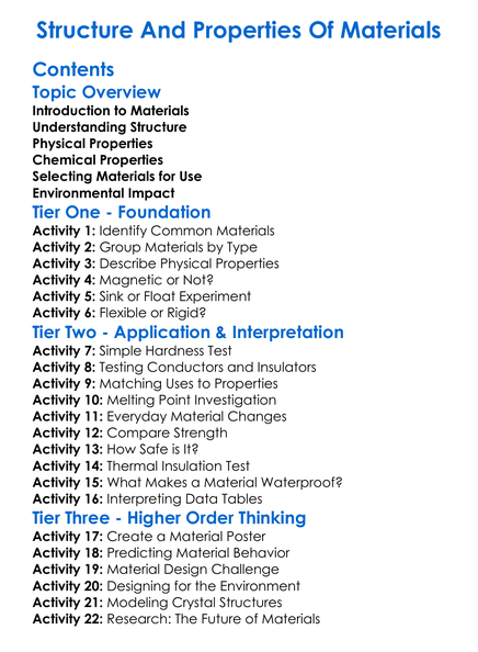 Structure And Properties Of Materials Worksheet Activity Booklet