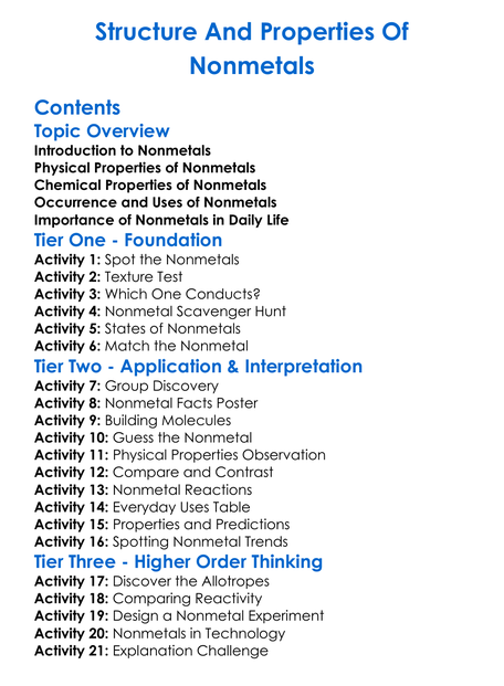 Structure And Properties Of Nonmetals Worksheet Activity Booklet