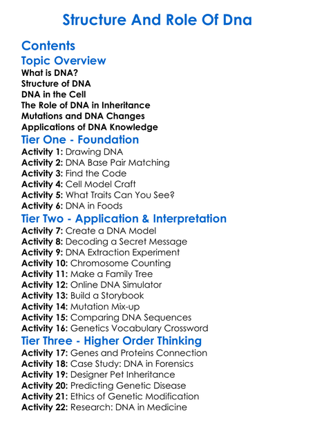Structure And Role Of Dna Worksheet Activity Booklet