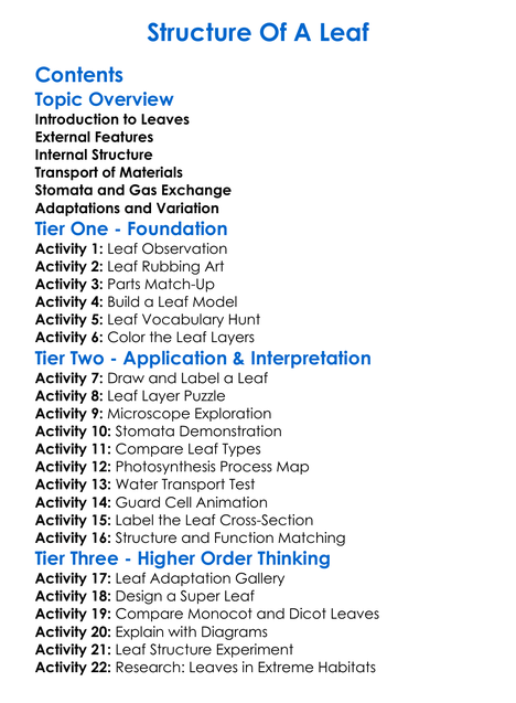 Structure Of A Leaf Worksheet Activity Booklet