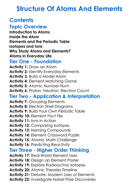 Structure Of Atoms And Elements Worksheet Activity Booklet