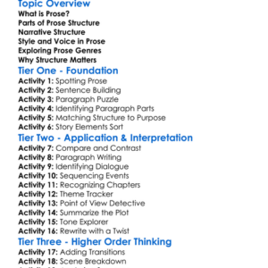 Structure Of Prose Worksheet Activity Booklet