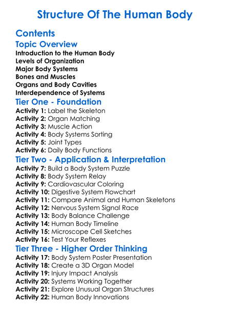 Structure Of The Human Body Worksheet Activity Booklet