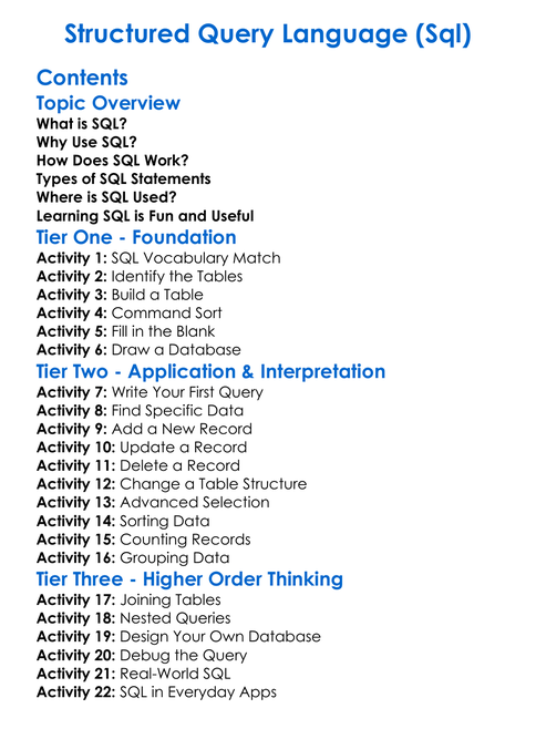 Structured Query Language Sql Worksheet Activity Booklet