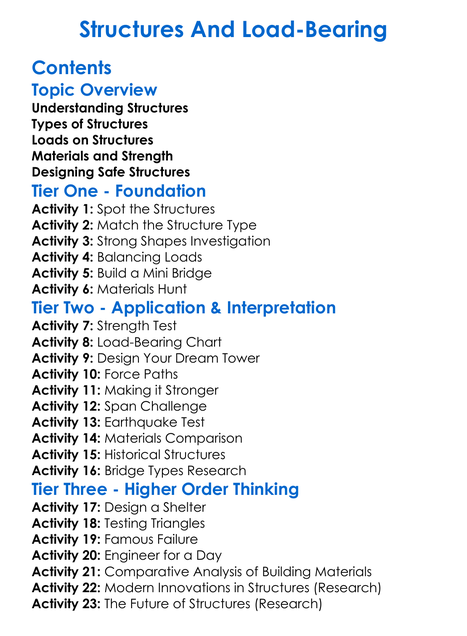 Structures And Load-Bearing Worksheet Activity Booklet