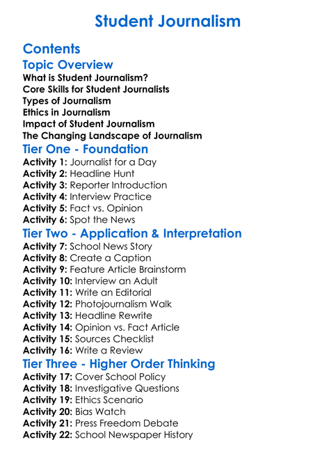 Student Journalism Worksheet Activity Booklet