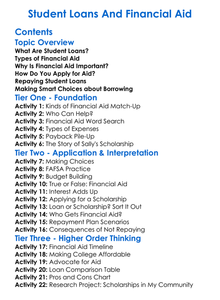 Student Loans And Financial Aid Worksheet Activity Booklet