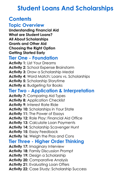 Student Loans And Scholarships Worksheet Activity Booklet