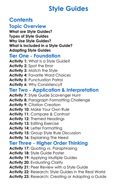 Style Guides Worksheet Activity Booklet