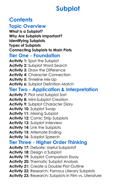 Subplot Worksheet Activity Booklet
