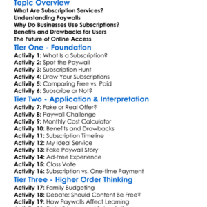 Subscription Services And Paywalls Worksheet Activity Booklet