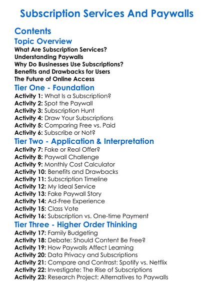Subscription Services And Paywalls Worksheet Activity Booklet