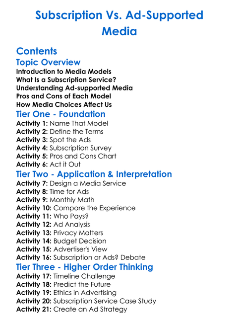 Subscription Vs Ad-Supported Media Worksheet Activity Booklet