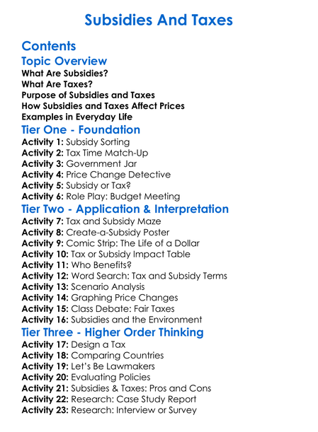 Subsidies And Taxes Worksheet Activity Booklet