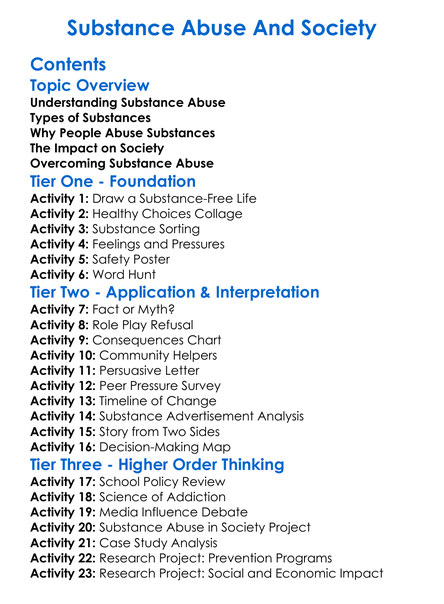 Substance Abuse And Society Worksheet Activity Booklet