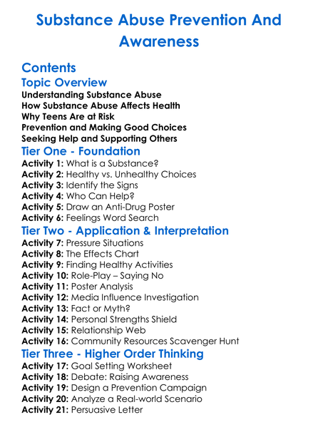 Substance Abuse Prevention And Awareness Worksheet Activity Booklet