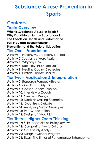 Substance Abuse Prevention In Sports Worksheet Activity Booklet