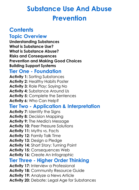 Substance Use And Abuse Prevention Worksheet Activity Booklet