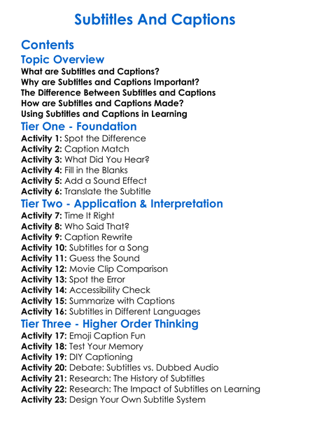 Subtitles And Captions Worksheet Activity Booklet