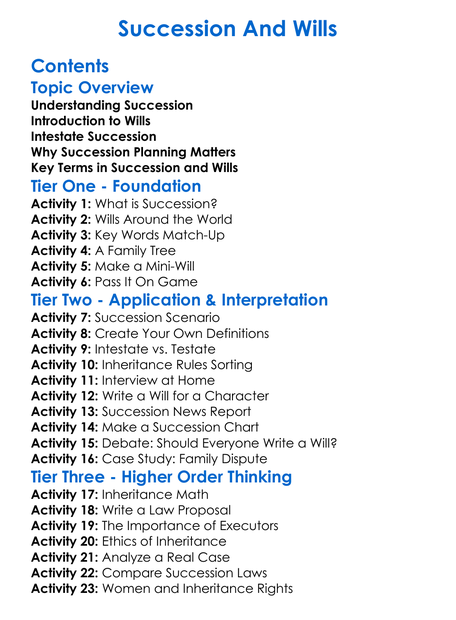 Succession And Wills Worksheet Activity Booklet