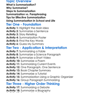 Summarization Worksheet Activity Booklet