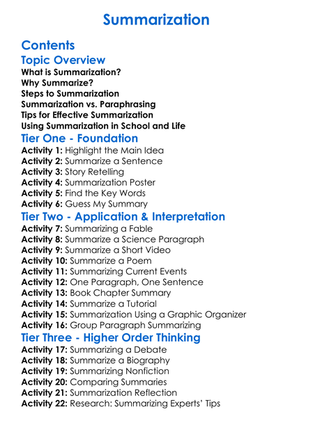 Summarization Worksheet Activity Booklet