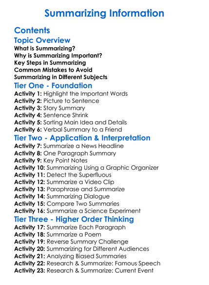 Summarizing Information Worksheet Activity Booklet