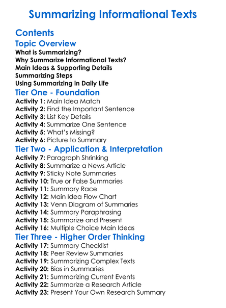 Summarizing Informational Texts Worksheet Activity Booklet