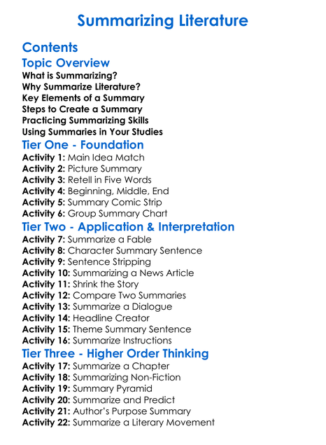 Summarizing Literature Worksheet Activity Booklet