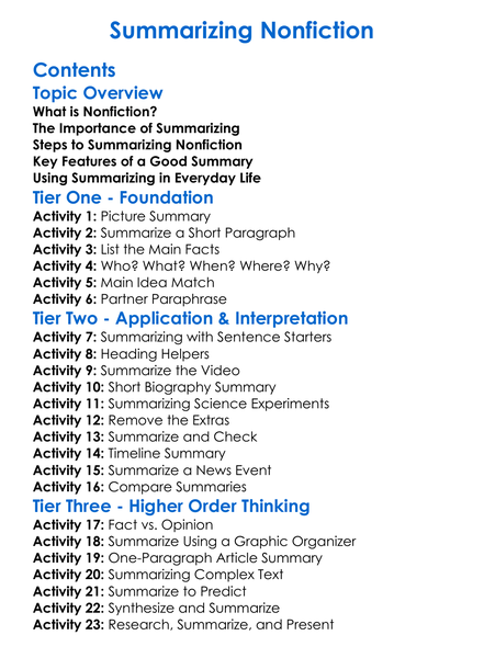 Summarizing Nonfiction Worksheet Activity Booklet