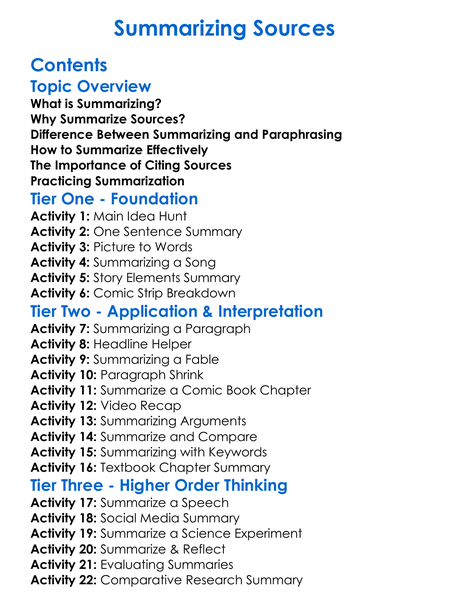 Summarizing Sources Worksheet Activity Booklet