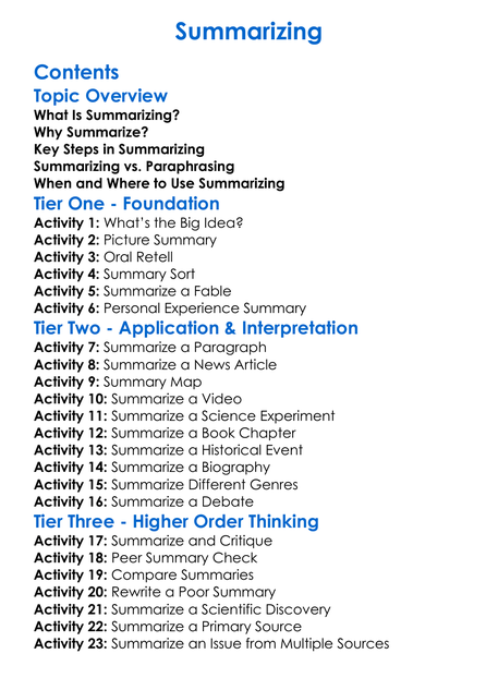 Summarizing Worksheet Activity Booklet