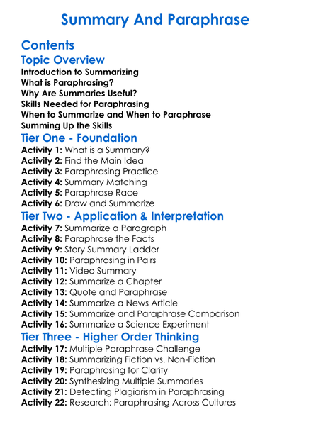 Summary And Paraphrase Worksheet Activity Booklet