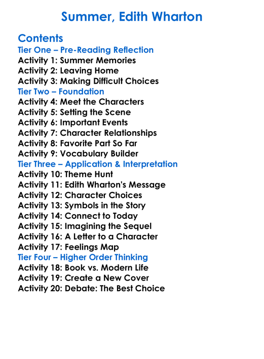 Summer Edith Wharton Worksheet Activity Booklet