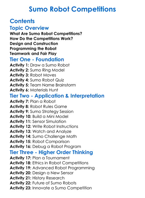 Sumo Robot Competitions Worksheet Activity Booklet
