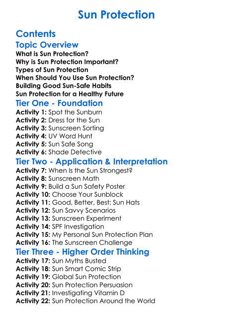 Sun Protection Worksheet Activity Booklet