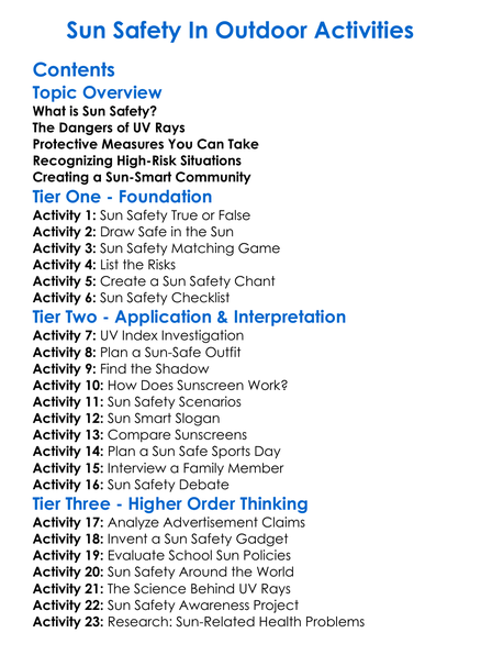 Sun Safety In Outdoor Activities Worksheet Activity Booklet