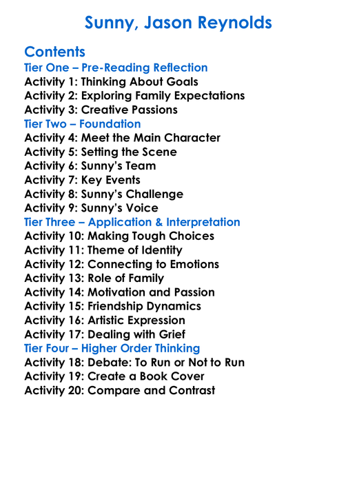 Sunny Jason Reynolds Worksheet Activity Booklet