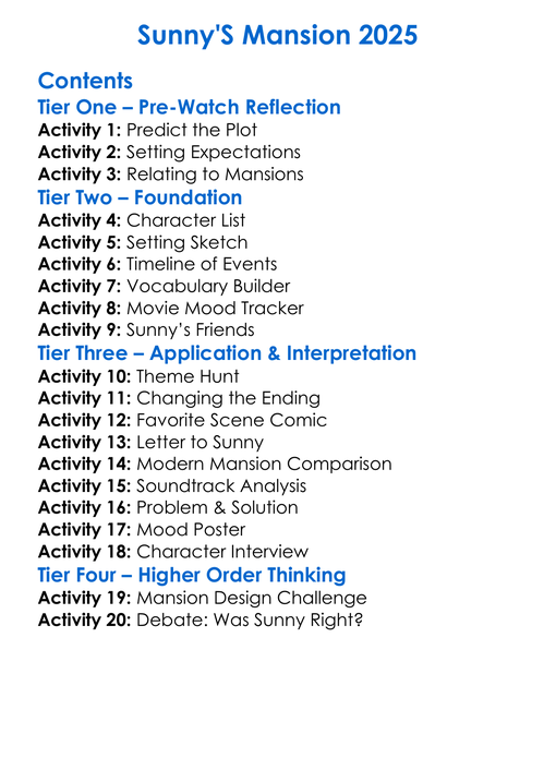 Sunnys Mansion 2025 Worksheet Activity Booklet