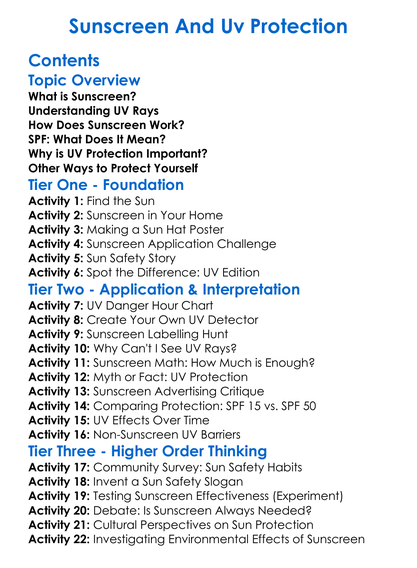 Sunscreen And Uv Protection Worksheet Activity Booklet