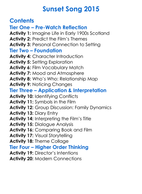 Sunset Song 2015 Worksheet Activity Booklet