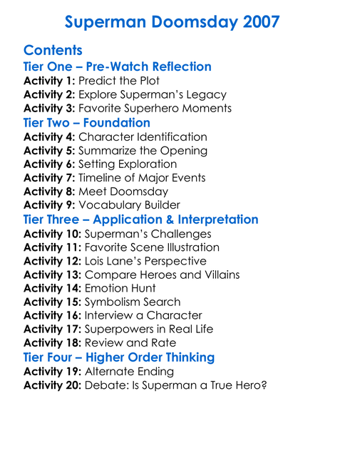 Superman Doomsday 2007 Worksheet Activity Booklet