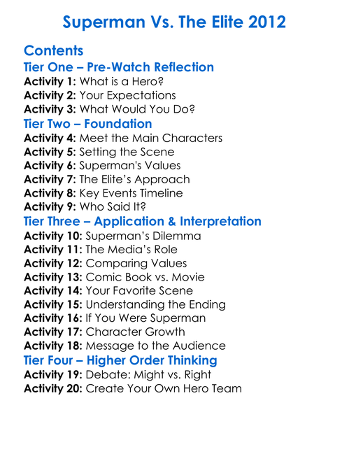 Superman Vs The Elite 2012 Worksheet Activity Booklet