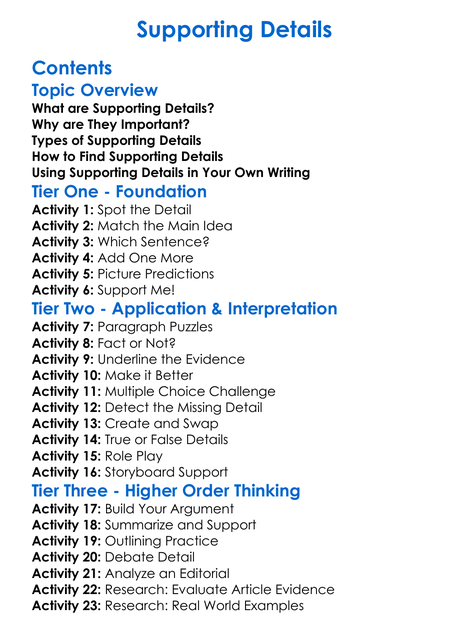 Supporting Details Worksheet Activity Booklet