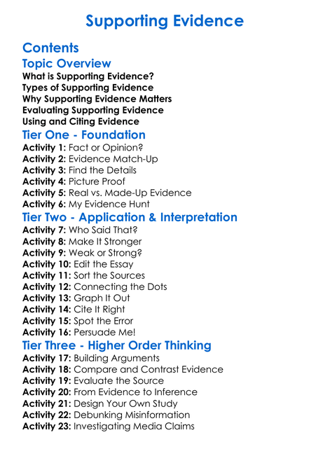 Supporting Evidence Worksheet Activity Booklet