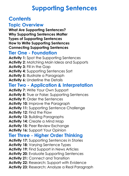 Supporting Sentences Worksheet Activity Booklet